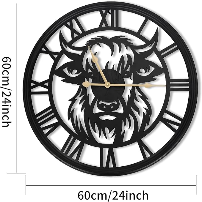 24Inch/60CM Large Wall Clocks Battery Operated, Slient, Black, Metal, Non-Ticking Wall Clock for Living Room Decor,Bedroom, Kitchen, Dining Room (Highland Bull Wall Clock, 24 Inch)