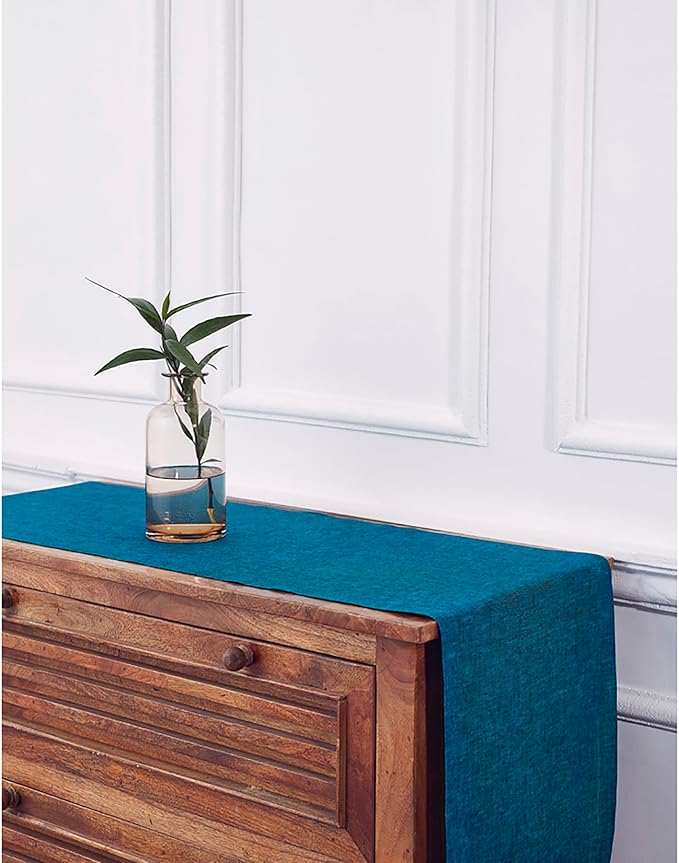 Solino Home Linen Small Table Runner 48 Inches - Athena, 100% Pure Linen Chambray Teal Table Runner 14 x 48 Inch Ideal for Dresser and Coffee Tables - Fall, Autumn, Thanksgiving