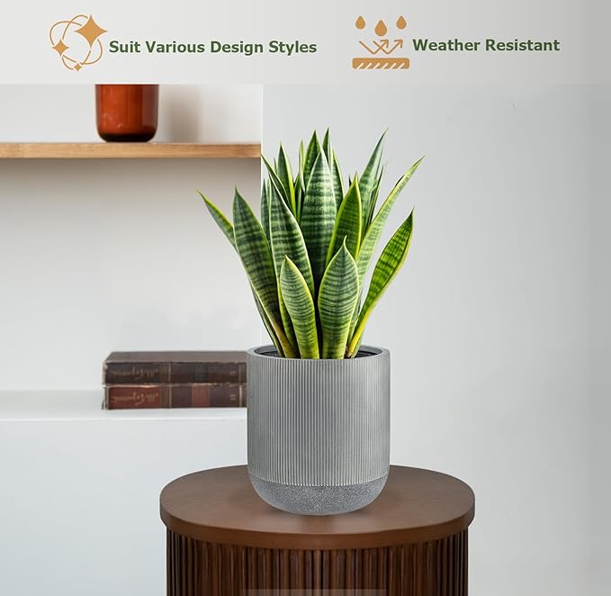 18.7" H x 16.9" D Ribbed Radius Fiberstone Round Planter with Drainage Hole, Weather Resistant for Indoor and Outdoor Use, Included 2 Extra Coco Mats (Charcoal, 15" Pot Opening)