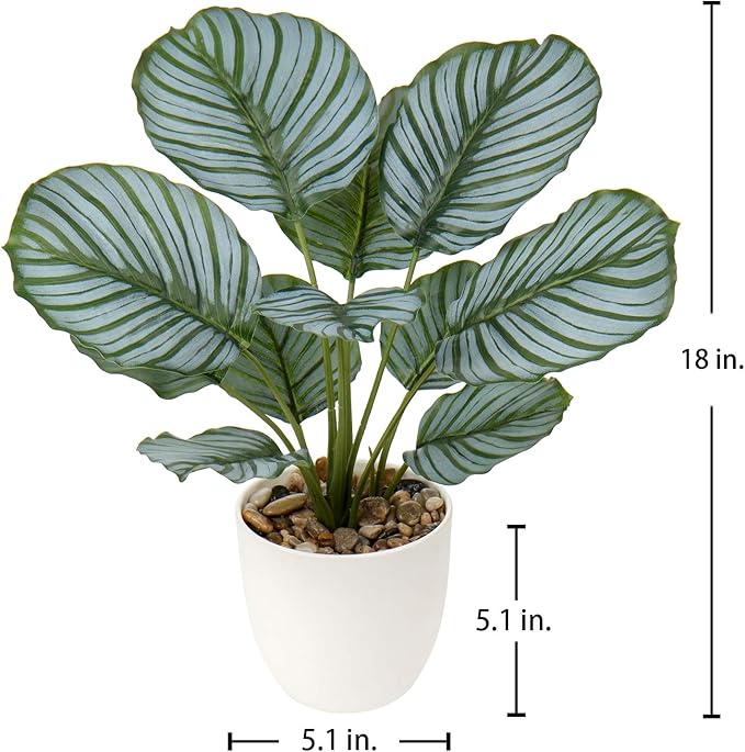 Briful 18'' Tall Fake Plant Realistic Faux Calathea Plant Artificial Plant for Home Decor Indoor Fake House Plant in White Pot for Living Room Bathroom Kitchen