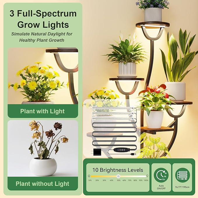 Plant Stand Indoor with Grow Lights - 44.2" Tall Plant Shelf, Lighted Corner Plant Stands for Indoor Growing, 7 Tiered Metal & Wood Plant Holder Display Shelves for Living Room, Patent Design - C4