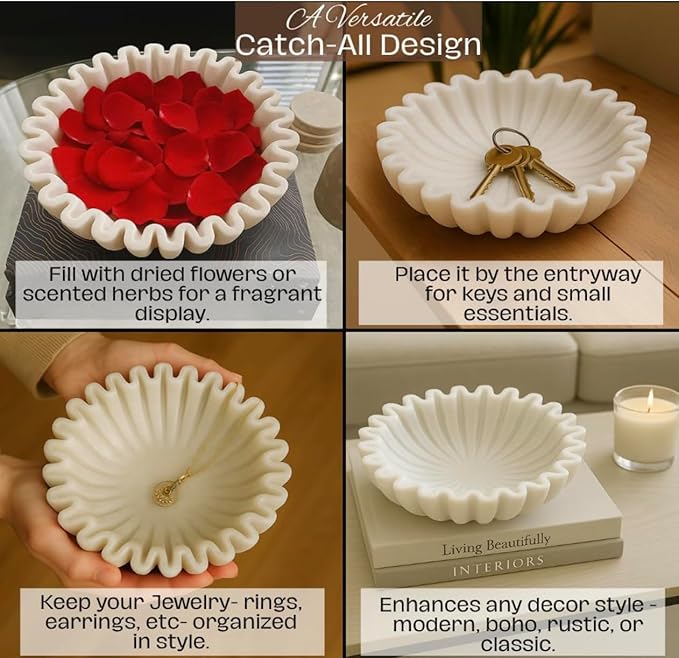 SWADESHI BLESSINGS HandCrafted Marble Ruffle Bowl/Antique Scallop Bowl/Fruit Bowl/Vintage Ring Dish/Decorative Flower Dish/HouseWarming Gift/Wedding Gifts/Urli (6 Inches)