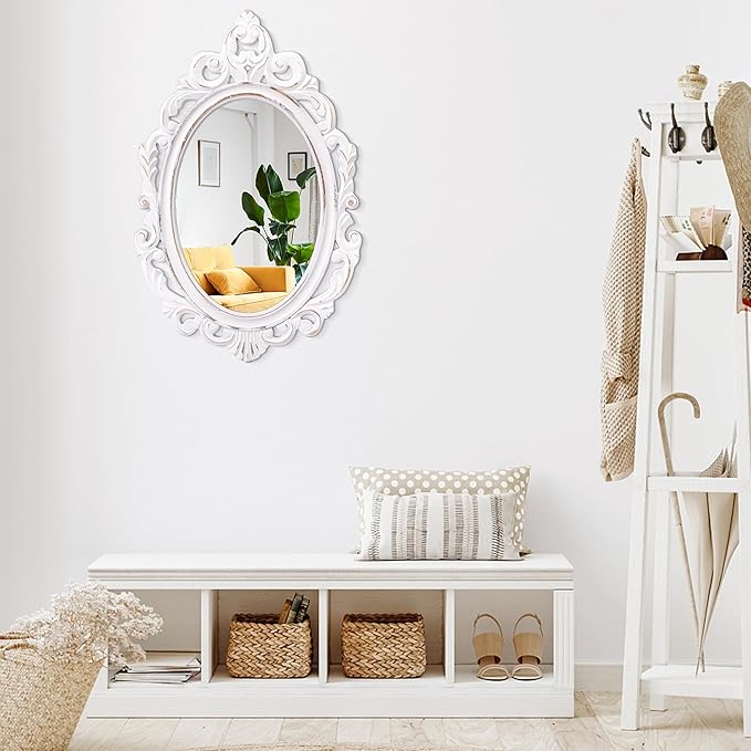 Oval Wooden Mirrors with Frame White Vintage Wall MirrorArendahl Traditional Carved Baroque Style Hanging Mirror for Wall Antique Decorative Mirror for Vanity Bedroom Living Room Bathroom Entryway