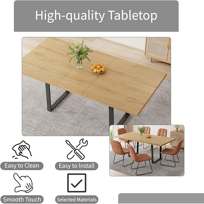 ZckyCine 7-Piece Modern Dining Set, 67" Expandable Oak Dining Table with 6 Brown Faux Leather Upholstered Chairs, Extendable Kitchen Table Set for 6, Scratch-Resistant, Easy Assembly