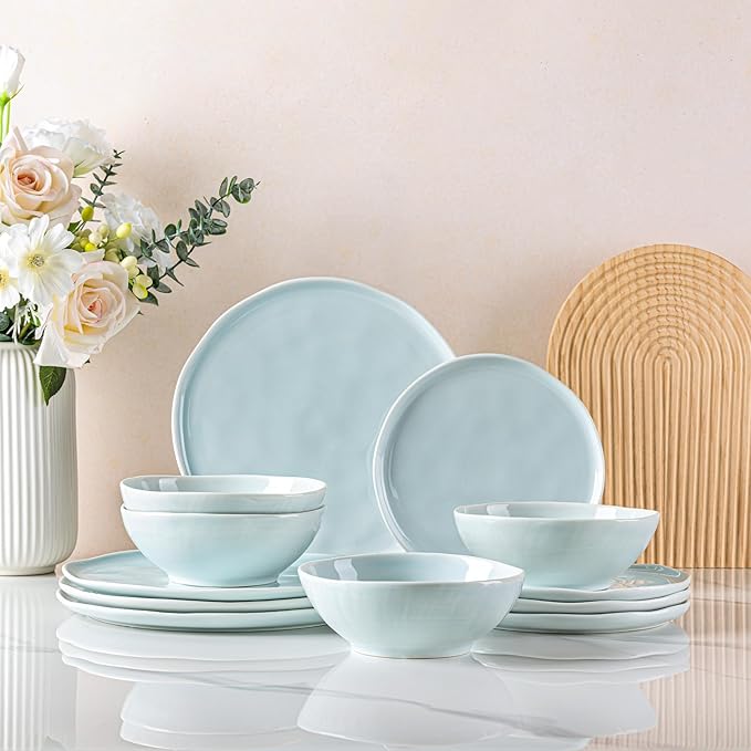 LERATIO Ceramic Dinnerware Sets for 4,Porcelain Plates and Bowls Sets with Wavy Edge,Microwave & Dishwasher & Oven Safe,Light Weight & Scratch Resistant Dishes Sets-Service for 4 (12pcs)-Light Blue