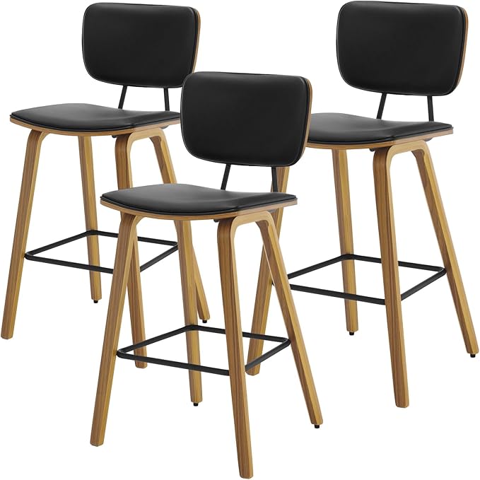 Counter Height Bar Stools Set of 3, PU Leather Upholstered Barstools with Backs, Bent Wood Legs, 26 Inch Seat Height, Mid Century Modern Counter Stools for Kitchen Island, Black