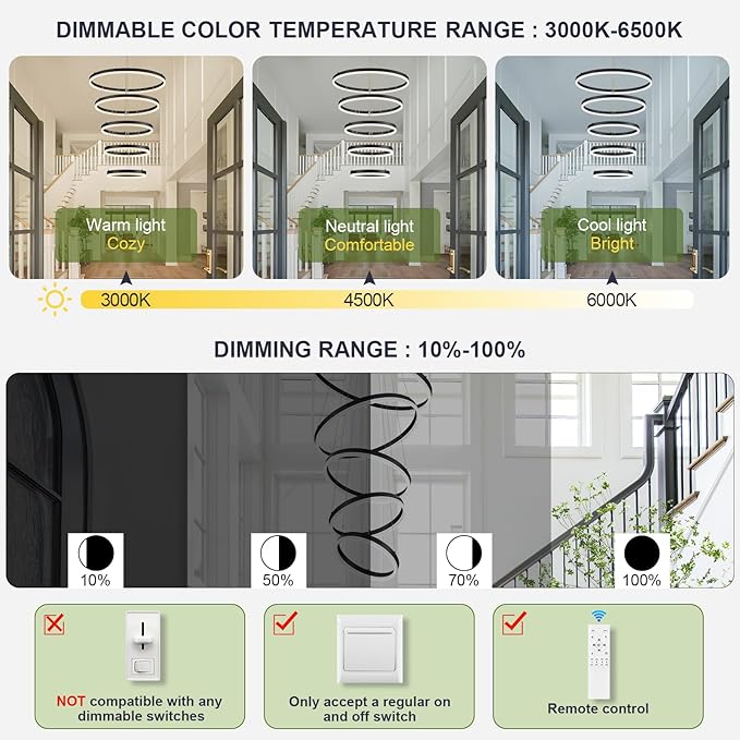 5-Rings Modern LED Chandelier Black High Ceiling Chandelier with Remote Control Dimmable Pendant Lighting for Dining Room Foyer Living Room Entryway Staircase(3000K-6500K, D23.6’’)