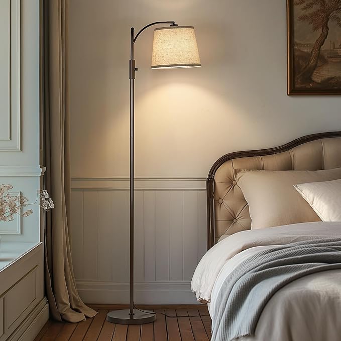 AIDENOEY Fully Dimmable Floor Lamp for Living Room，Standing Lamp Rotary Switch with Linen Beige Shade，Brown Tall Lamps for Bedroom with Adjust Head，9W LED Bulb Included