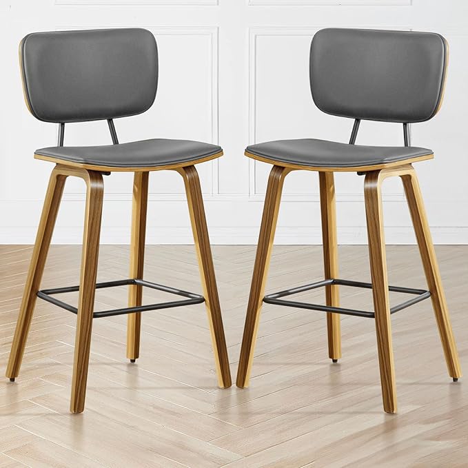 Counter Height Bar Stools Set of 2, PU Leather Upholstered Barstools with Backs, Bent Wood Legs, 26 Inch Seat Height, Mid Century Modern Counter Stools for Kitchen Island, Grey
