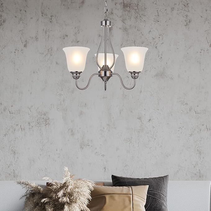 3 Light Chandelier with Brushed Nickel Finish, Classic Style Ceiling Light Fixture with Frosted Glass Shade for Meeting Room Dining Room Living Room Corridor, LED Bulb(not Include)