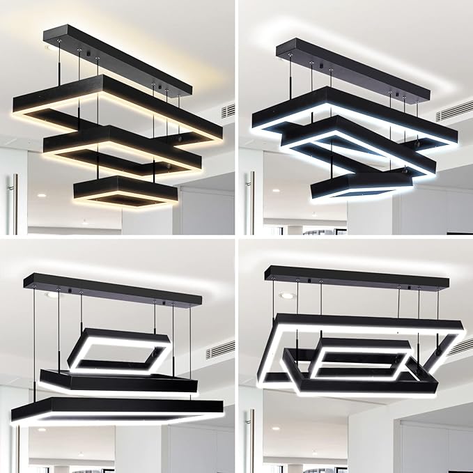 Modern 3 Rings Rectangle Chandelier for Living Room - Adjustable Height Luxury Foyer Lighting Fixture for High Ceiling, Hanging Dining Room LED Pendant Light