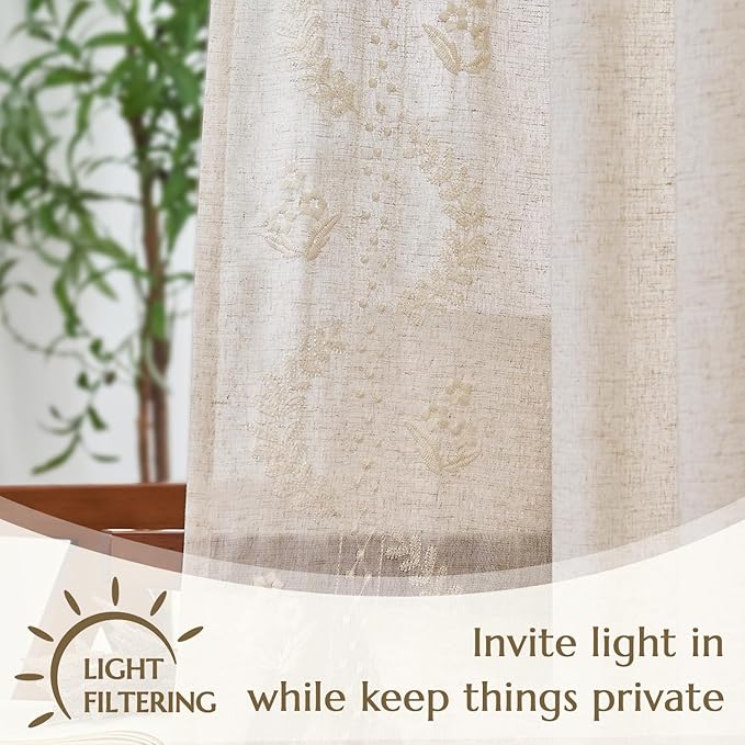 jinchan Belrose Linen Curtains for Bedroom Floral Curtains 90 Inch Length Linen Blend Ivory Embroidered Drapes Farmhouse Flower Patterned Drapes for Living Room Window Treatments Set 2 Panels