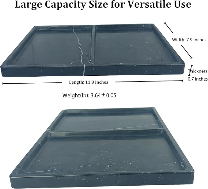 11.81"x7.87" Natural Marble Decorative Tray Countertop Organizer - 2 Compartments Polished Stone Storage Vanity Tray for Bathroom Kitchen Desk, Black White