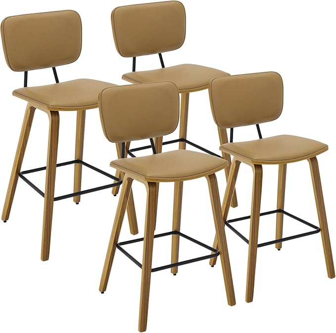 Counter Height Bar Stools Set of 4, PU Leather Upholstered Barstools with Backs, Bent Wood Legs, 26 Inch Seat Height, Mid Century Modern Counter Stools for Kitchen Island, Brown