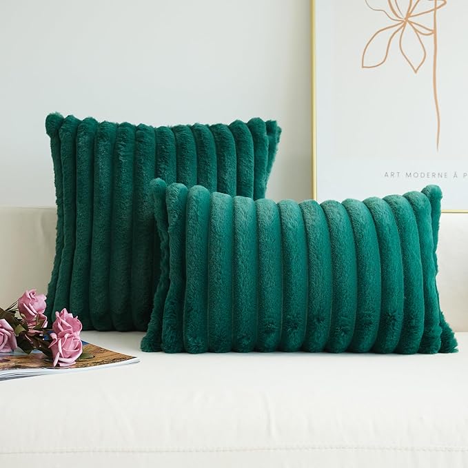 JOJUSIS Pack of 2 Faux Fur Plush Decorative Throw Pillow Covers Couch Cushion Case Soft Pillowcases (Dark Green, 12 x 20-Inch)