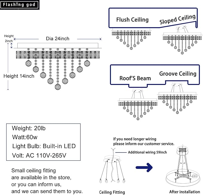 24" Modern Crystal Chandeliers for Dining Room Black Ceiling Chandelier Flush Mount Crystal Ceiling Light for Bedroom Living Room Hallway