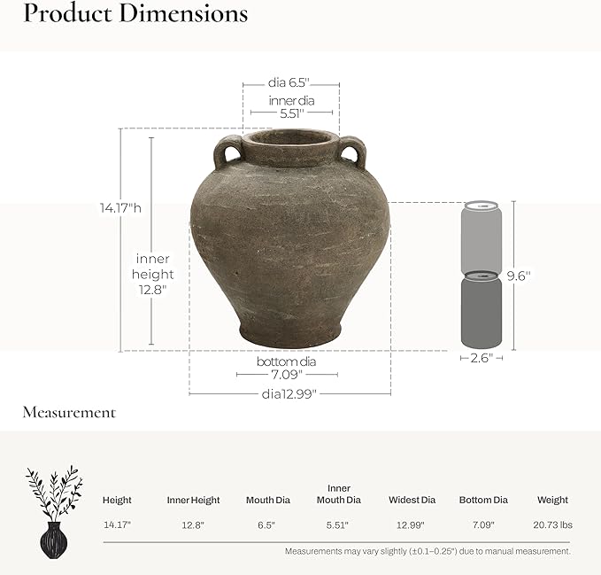 LuxenHome Rustic Large Flower Vase,14'' Tall Brown Terracotta Cauldron Vase,Farmhouse Decorative Vases for Dining Table Decor,Vintage Pottery Ceraimc Vase Living Room Office Home Decor