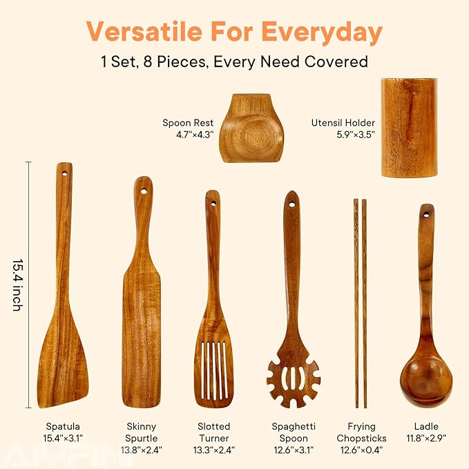 Non-Toxic Wooden Utensils for Cooking - Natural Acacia & Glue-Free,15.4" Large Spatula Set, Long Handle for Scald-Resistant, Wood Kitchen Spoons/Chopsticks/Holder, for Non Stick Frying Pans by ALYFINI