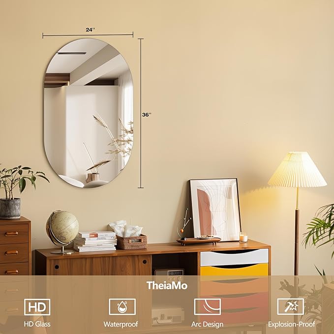36" x 24" Frameless Mirror Wall Mirror, Modern Oval Bathroom Mirror with Polished Edge, Hang Horizontally or Vertically, for Bedroom Bathroom Livingroom Gym Entryway and More
