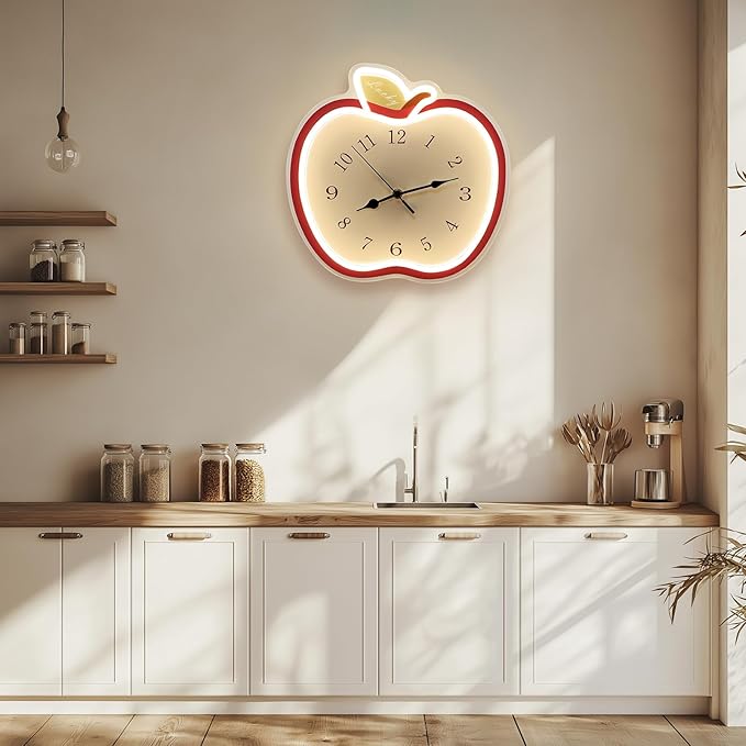 jXIN 12 Inch Apple Shaped Novelty Fun Shaped Wall Clock, 2-in-1 LED Silent Clock and Warm White Night Light, Creative Decorative Clock for Cozy Atmosphere Children's Room