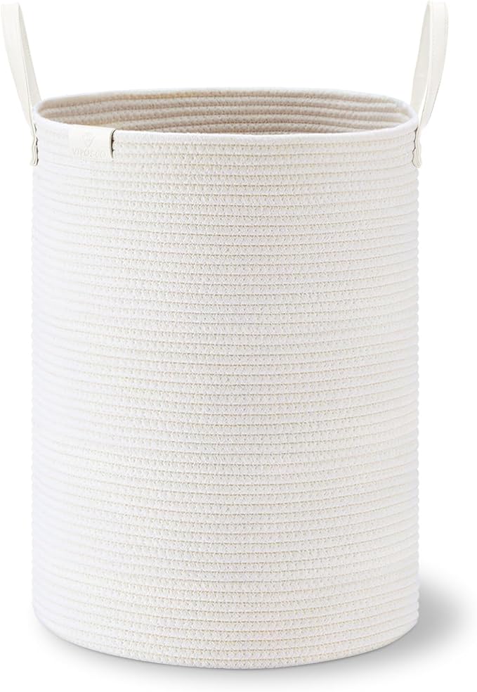 VIPOSCO Tall Laundry Basket, Large Dirty Clothes Hamper with Leather Handle, Woven Rope Storage Basket for Blanket, Toy In Living Room, Bathroom, Bedroom - 58L White