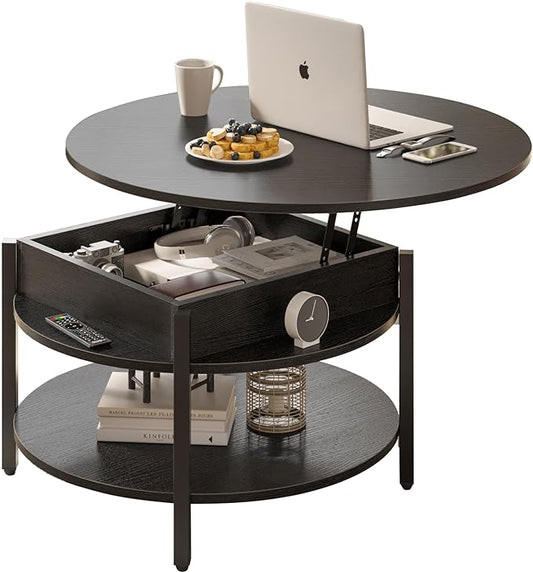 FABATO Round Lift Top Coffee Table with Storage and Hidden Compartment, 26.77'' Farmhouse Coffee Table for Living Room Reception Room, 2 Tier Small Round Coffee Table Circle Dining Table, Black