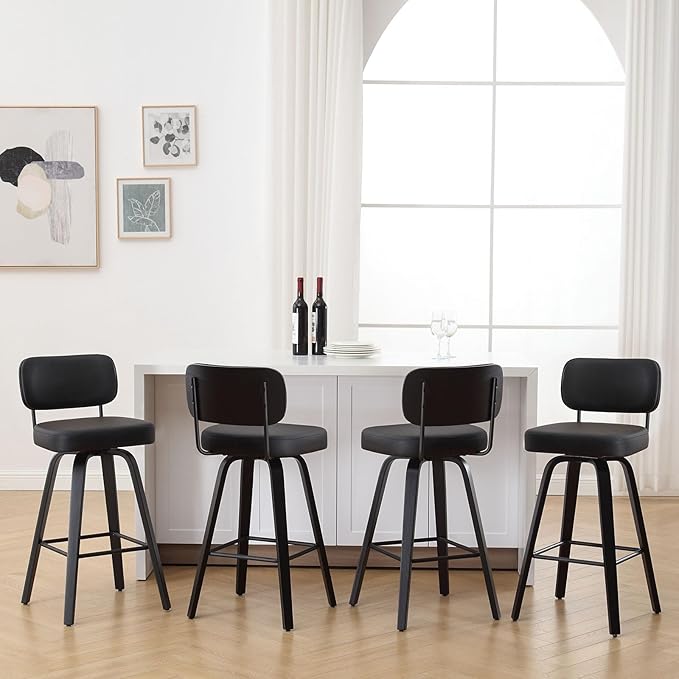 Swivel Bar Height Stools Set of 4, Upholstered Faux Leather Barstools with Back, 29" Seat Height Tall Bar Stools for Kitchen Counter, Black Wood Frame, Black