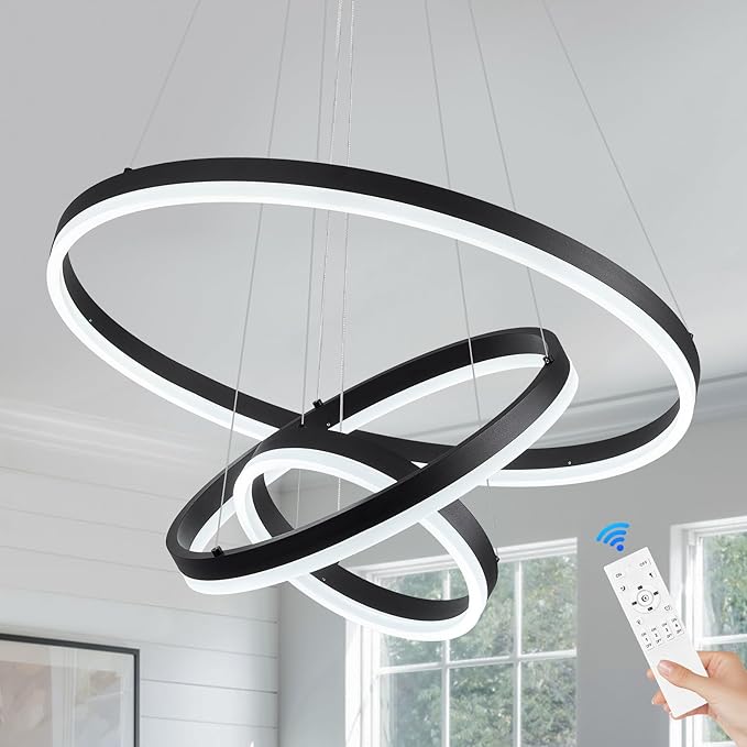 3-Rings D23.6 Modern LED Chandelier Black Dimmable Pendant Lighting with Remote Control Circular Flush Mount High Ceiling Light for Dining Room Living Room Bedroom Entrance Foyer, 3000K-6500K