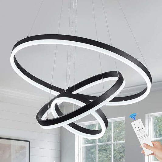 3-Rings D23.6 Modern LED Chandelier Black Dimmable Pendant Lighting with Remote Control Circular Flush Mount High Ceiling Light for Dining Room Living Room Bedroom Entrance Foyer, 3000K-6500K