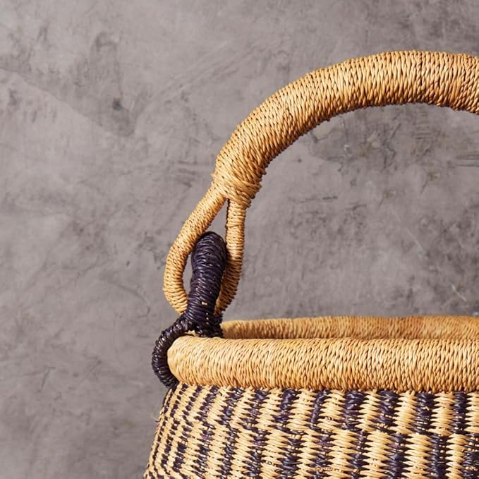 Home & Kitchen Decor, Wicker Basket, Picnic Basket, Living Room Basket, Organizing, Harvesting, Foraging, Fruit Storage, Hand Woven, Pot Shape, 16" Wide, Boho - Natural Navy