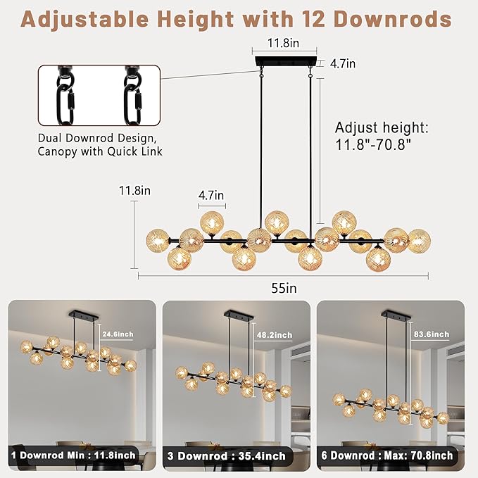 Large Dining Room Light Fixture, 55" Modern Linear Sputnik Chandeliers with Amber Sirled Glass Globe Bubble Farmhouse Chandeliers for Dining Room 16 Lights Island Light for Kitchen