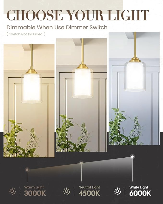 TENGXIN Modern Pendant Light,Brushed Gold Modern Pendant Light for Kitchen Island,Hanging Ceiling Light Fixture,Farmhouse Pendant Lighting for Dining Room Bedroom Bar Office 2Pack,TXPLBG02-2PK