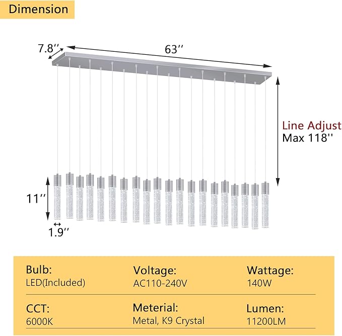 20-Lights Modern Crystal Chandeliers LED Pendant Light for Kitchen Island Dining Room Entrance Foyer Living Room Silver