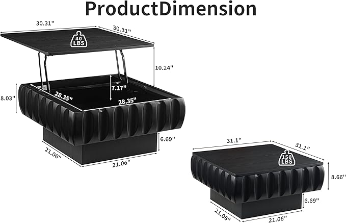 31" Lift Top Coffee Table for Living Room, Fluted Coffee Table with Hidden Storage Compartment, Mid Century Modern Solid Wood Veneer Square Center Table for Office Apartment Small Space, Black