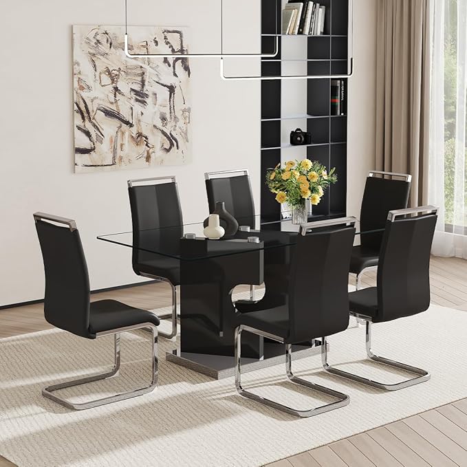 Glass Dining Room Table Set for 6｜Dining Table Set for 6 with PU Leather Chairs｜Retangular Dining Table with MDF Table Legs and Sliver Base for Dining Room