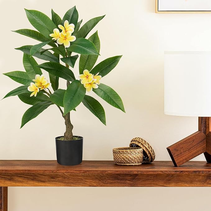 Briful Artificial Plants Indoor 26.77'' Fake Tropical Plumeria Flowers Tree Plants in Black Pot, Hawaiian Yellow Plumeria Faux Frangipani Tree Floor Plant for Home Office Wedding Decor