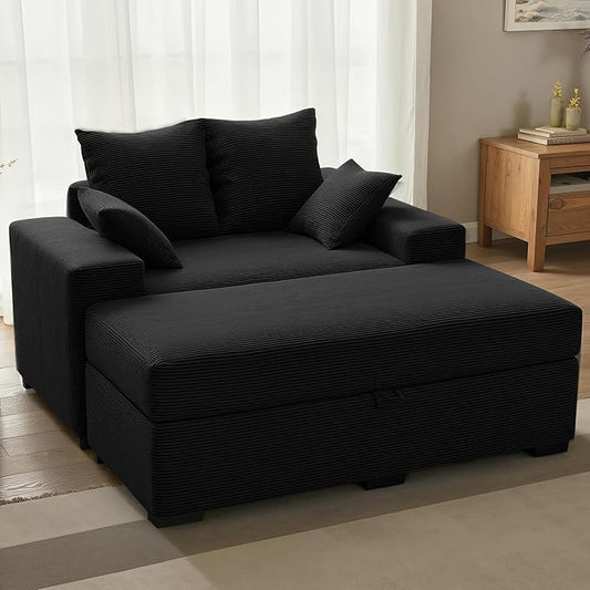 Indoor Chaise Lounge Chair with Storage Ottoman, Modern 60-Inch Lounge Sofa Chair with Wide Armrests & 4 Pillows, Oversized Comfy Reading Lounger for Living Room, Bedroom（Medium-Rib Corduroy Black）