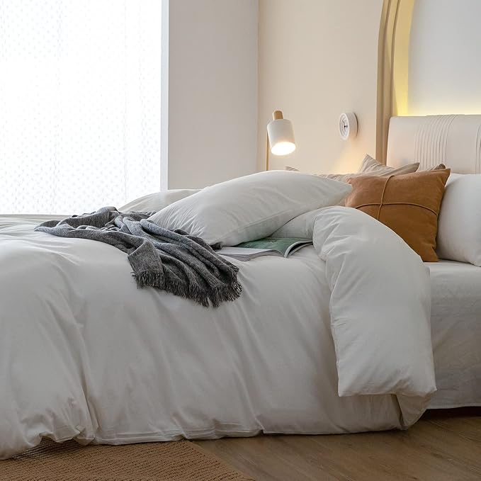 JIYUAN 100% Washed Cotton Duvet Cover Set 3 PCS Oversized King Plus, 1 Duvet Cover 128"x120"(Comforter Not Included) and 2 Pillowcases,Linen Feel Bedding Set Comfy and Breathable,Off White