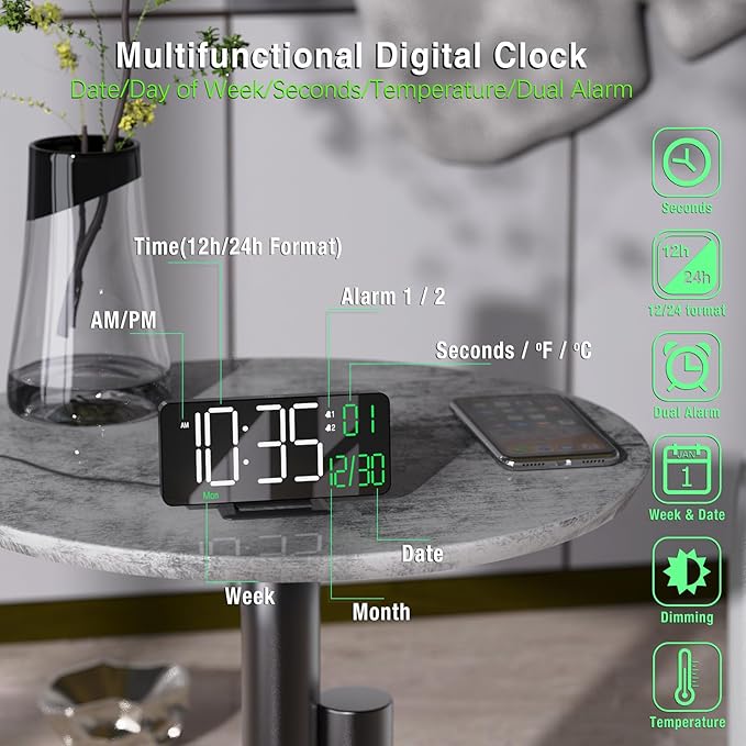 KOSUMOSU Digital Clock for Bedroom, 6.7in Black Alarm Clocks for Bedrooms,Auto Dimming, Date, Day of Week, Indoor Temperature,Digital Alarm Clock,Clocks for Living Room