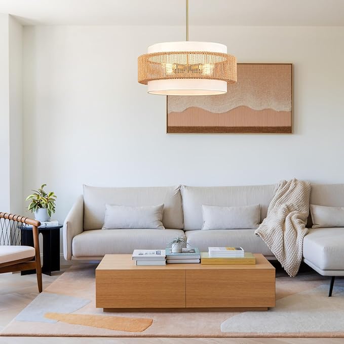 Boho Rattan Chandelier, 19.7" Large Boho Pendant Light with Fabric Lampshade, 4-Light Rattan Light Fixture Ceiling Hanging for Dining Room, Living Room, Bedroom, Kitchen Island, Hallway, Foyer