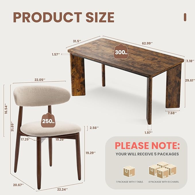 9-Piece Rectangular Dining Table Set for 8, 63" Industrial Kitchen Table with 8 Wooden Upholstered Dinner Chairs for Dining Room, Kitchen, Living Room, Brown+Beige