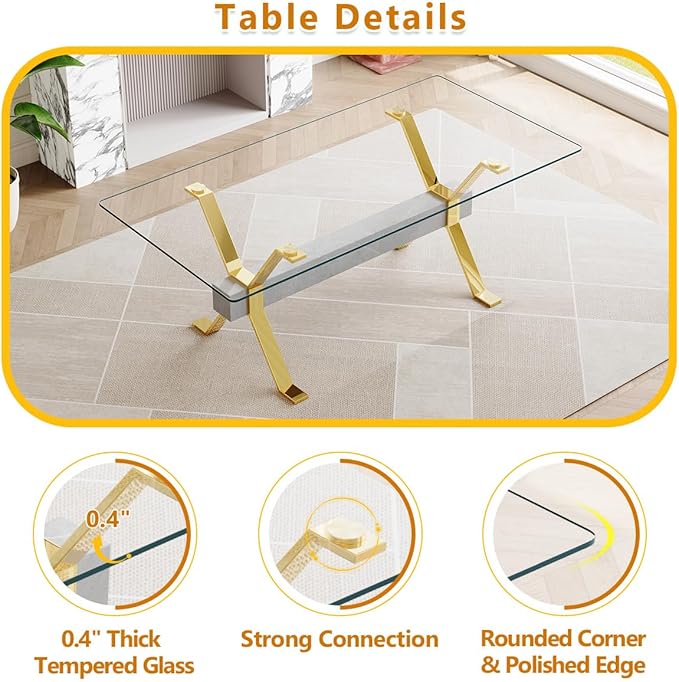 7 Piece Glass Dining Table Set, Kitchen Table Chairs Set for 6, 71'' Dining Table with 0.4" Tempered Glass Tabletop with Plated Metal Legs and MDF Crossbar, 6 PU Chairs for Dining Room, Kitchen.