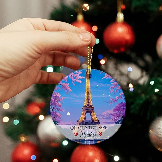Personalized Text/Name Paris Eiffel Tower Christmas Ornament, France Paris Skyline Ceramic Ornament Christmas 2025, France Travel Souvenir Ornaments Gift, Customized Eiffel Tower Trip Xmas Tree Decor