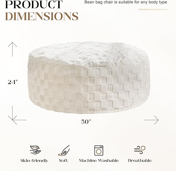 Hobestluk Bean Bag Chairs Beanbag Chair with Filler Adult Bean Bags with Fluffy Cover, Giant Bean Bag Chairs for Adults for Living Room, Bedroom (White, 5FT - 50” x 50” x 24”)