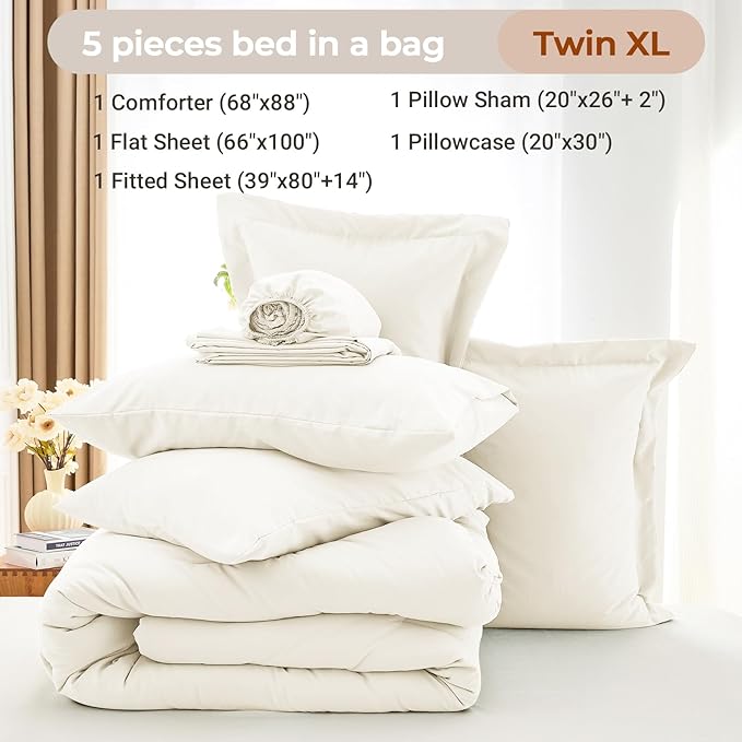 MUXHOMO 5 Pieces Twin XL Comforter Set, Soft Bed in a Bag Twin XL Size, All Season Bedding Set with Comforter, Flat Sheet, Fitted Sheet, Pillowcases & Shams, Ivory