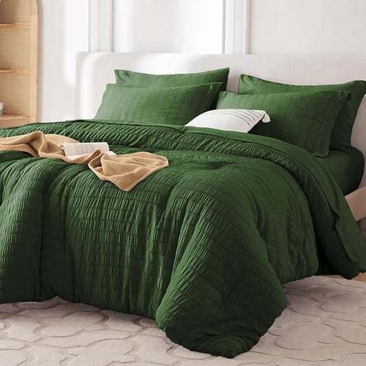 MUXHOMO 5 Pieces Twin Comforter Set, Seersucker Bed in a Bag Twin Size, All Season Luxury Bedding Set with Comforter, Flat Sheet, Fitted Sheet, Pillowcase & Sham, Dark Green