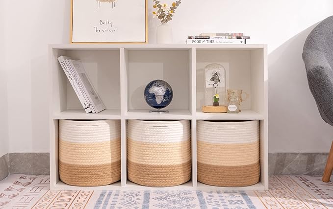 voten Round Storage Cubes Baskets Bins Organizer 11x11x11'' Fit 12x12'' Cube Storage, Durable Woven Cotton Rope, 3-Tone Honey, 3-Pack, Collapsible