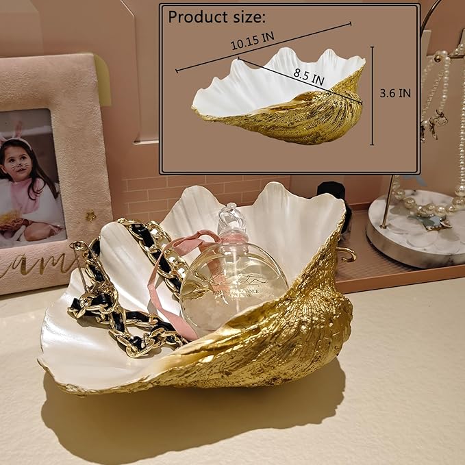 Medium Pearl White Gold Scalloped Clam Shell Bowl Sea Shell Decor for Nautical Beach House,Coastal Decor Gift of Housewarming and Wedding Party