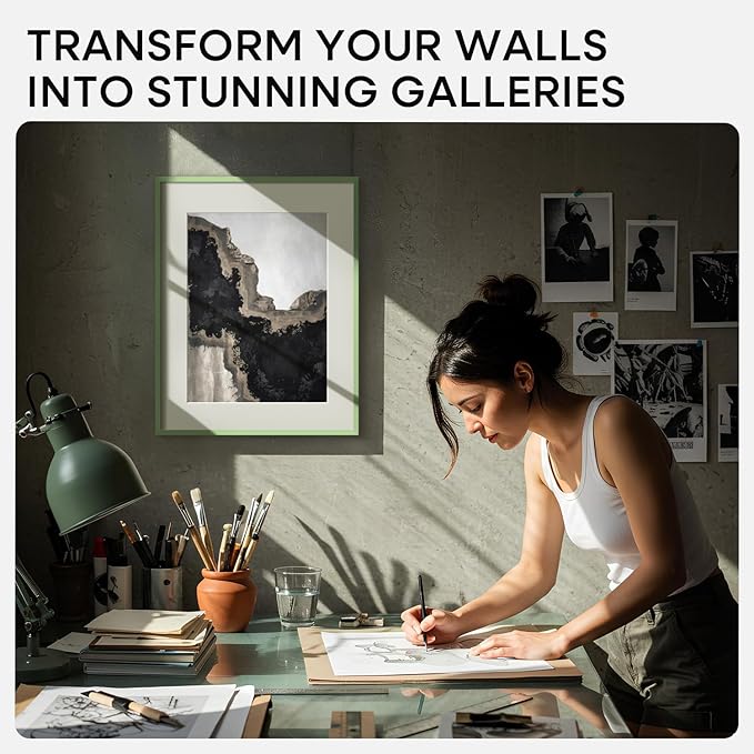 Homeforia 12x16 Sage Green Picture Frame, High End Metal 12x16 Poster Frames with Mat 9x12 Photo, 12 x 16 Sage Green Frame Matted to 9 by 12 Art, 16x12 Thin Frames, Tempered Glass, Wall Kit, Set of 1