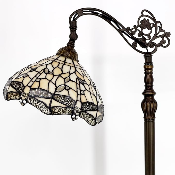 WERFACTORY Tiffany Floor Lamp Cream Stained Glass Dragonfly Arched Lamp 12X18X64 Inches Gooseneck Adjustable Corner Standing Reading Light Decor Bedroom Living Room S139 Series